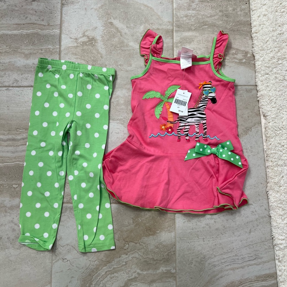 Boutique 2t Pink Zebra Dress and Green Polka Dot Leggings Set